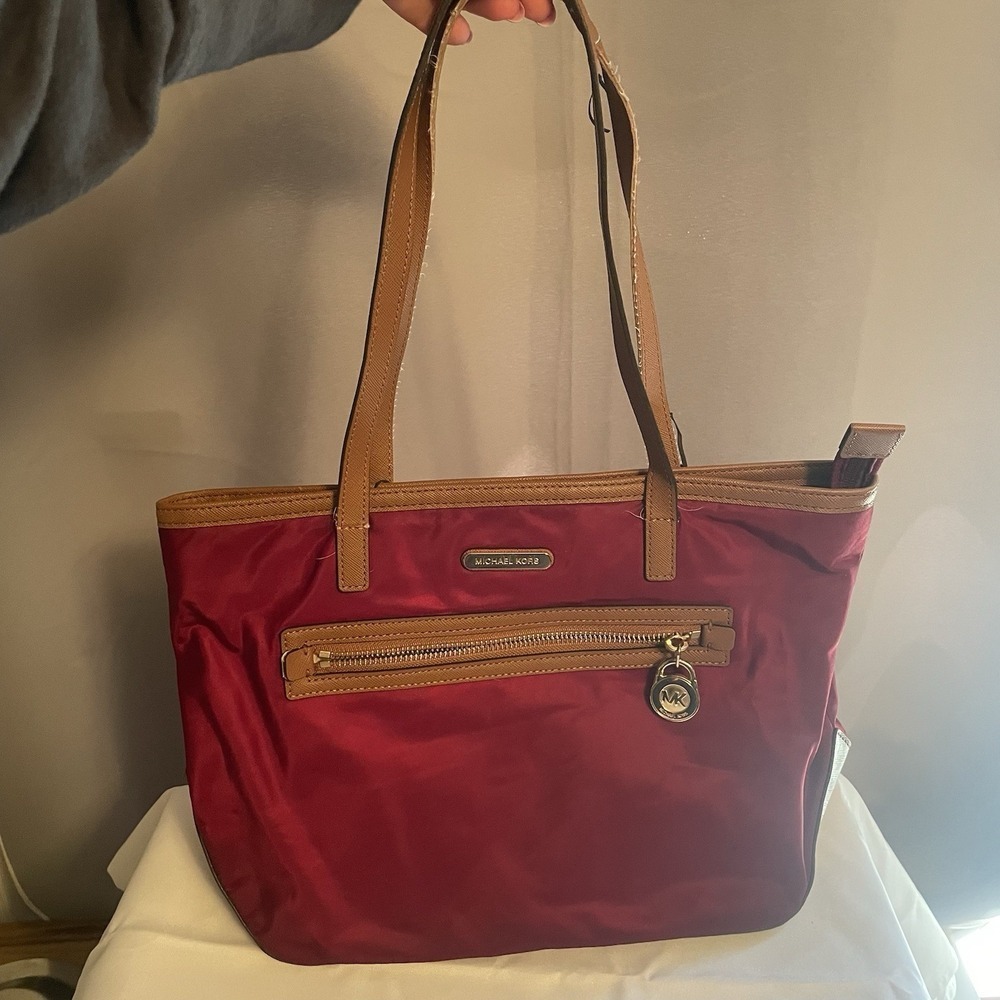 Michael Kors Kempton Nylon Satchel Tote Purse Shoulder Bag in Maroon & Brown